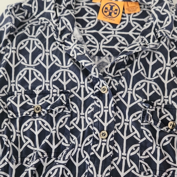 Tory Burch Navy and White SILK Geometric Shirt - Picture 4 of 7